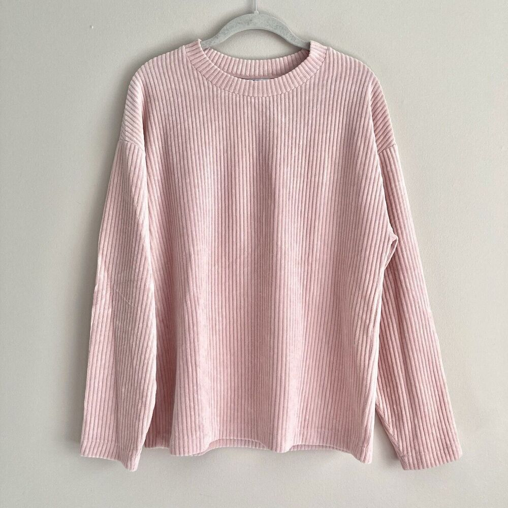 Zara Pink Ribbed Velour Crew Neck Pullover Sweater Womens Size Medium Cozy
